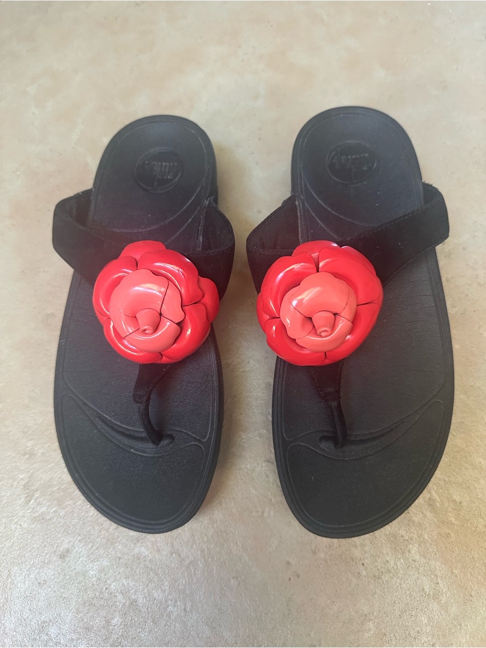 FitFlop “LuLu” Black Thong Sandals with Coral Floral Medallions, Size 6